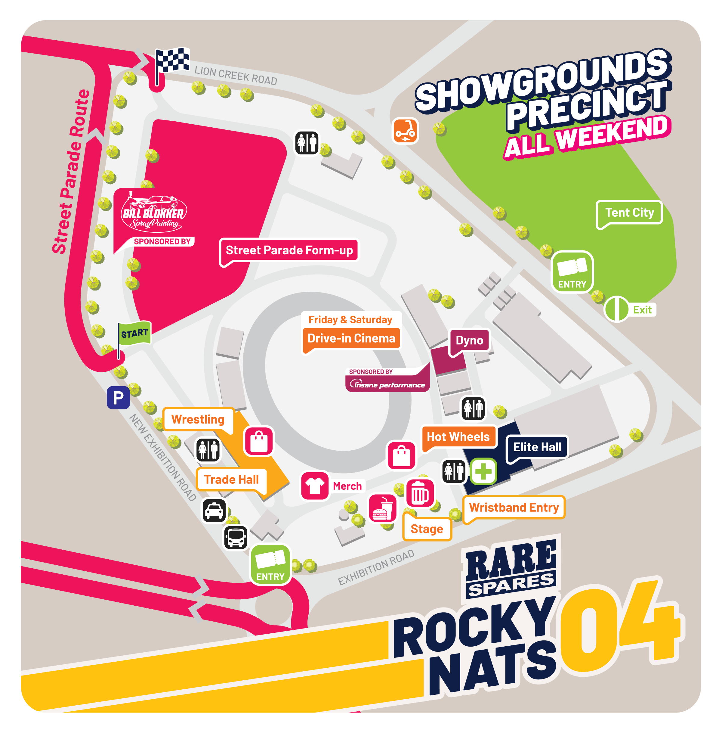 Rockynats 2023 Map - Showgrounds, Grass Driving, Elite Hall, Mack Trucks, Hot Wheels, Drive In, Main Stage, and Wrestling - Friday, Saturday and Sunday
