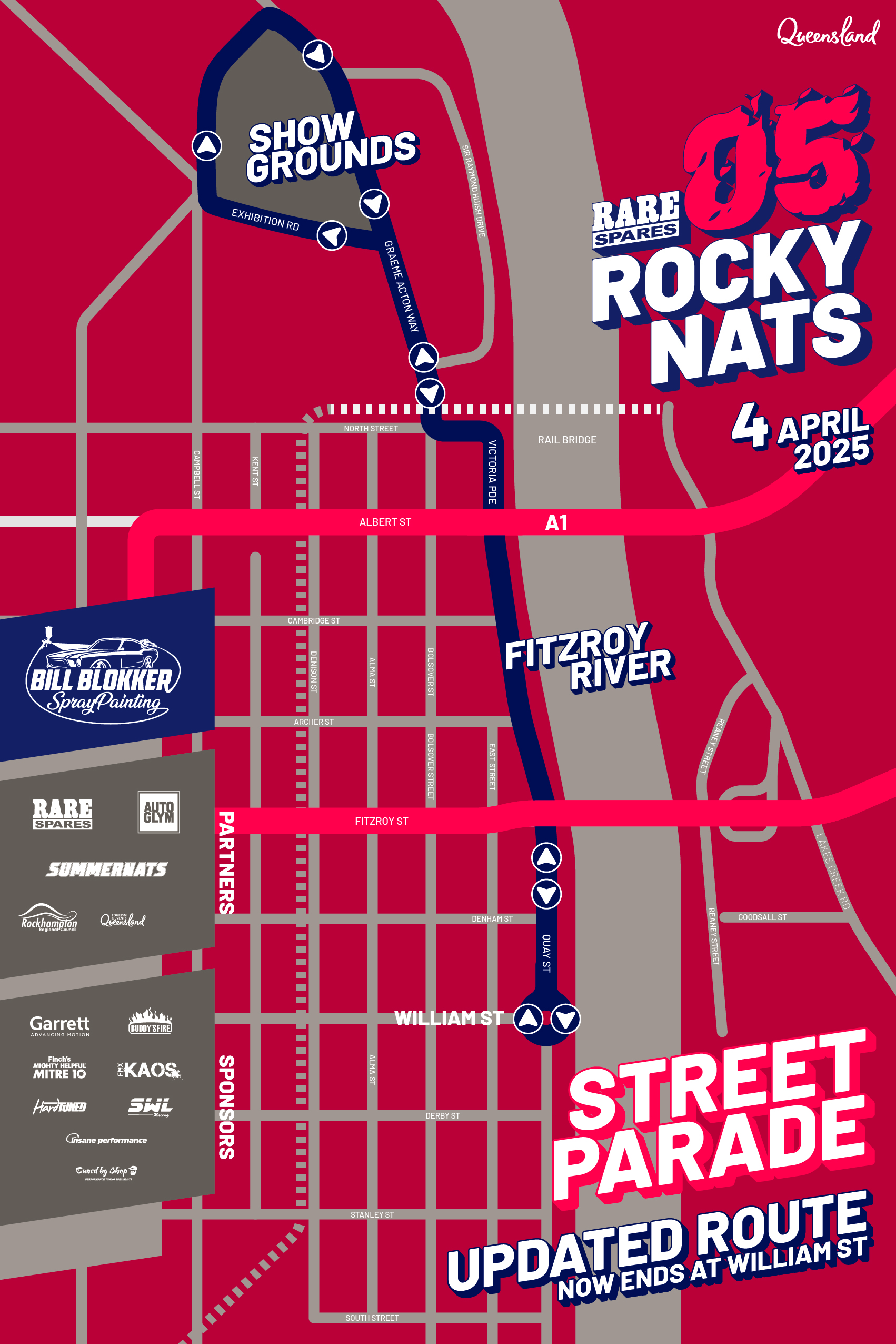 Rockynats 05 2025 Street Parade Route Map from Rockhampton Showgrounds to Rockhampton's CBD
