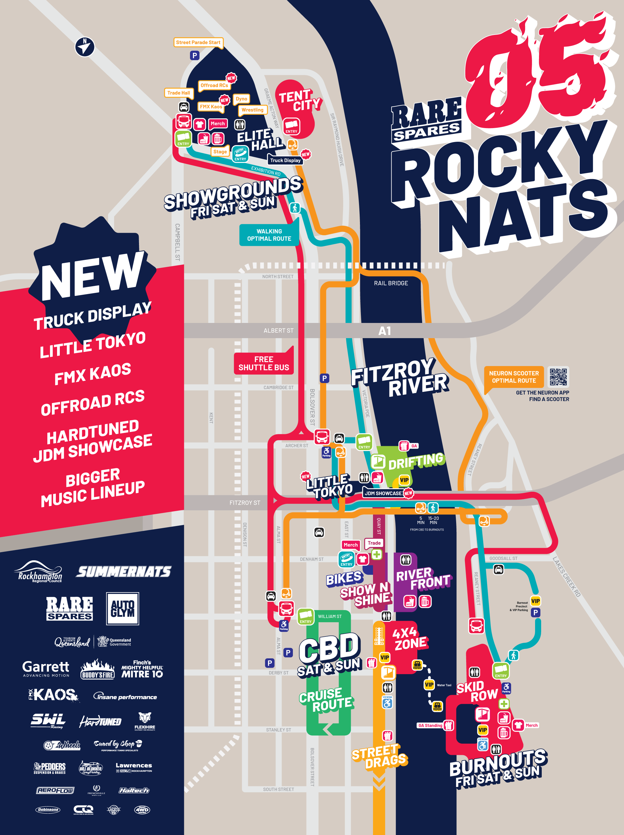 Rockynats 05 2025 Map showing locations of Showgrounds, CBD, Burnouts, Street Drags, Drifting, Elite Hall in Rockhampton CBD