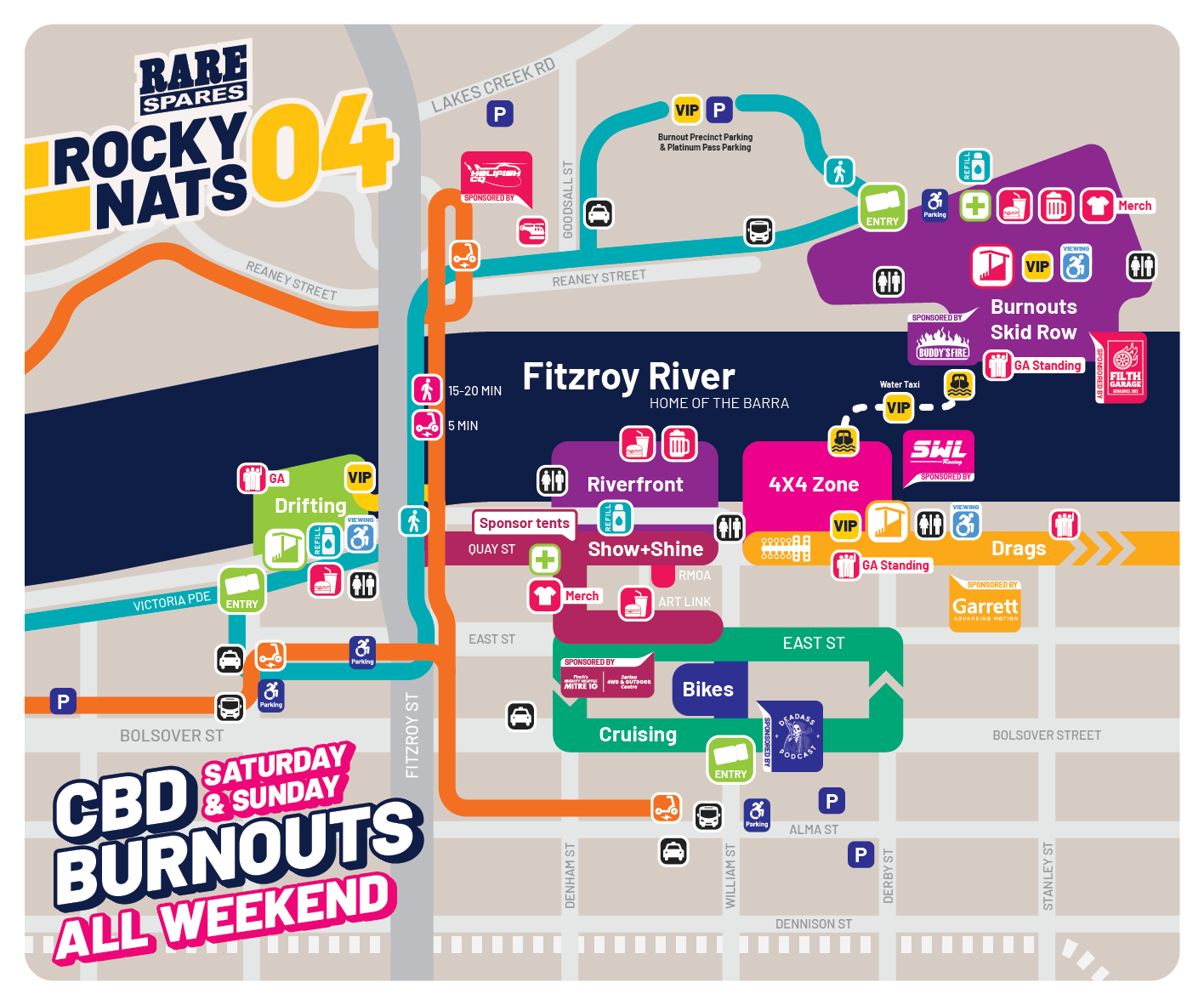 Rockynats 2023 Map - CBD, Cruising, Drags, 4X4 Zone, and Burnouts - Saturday and Sunday